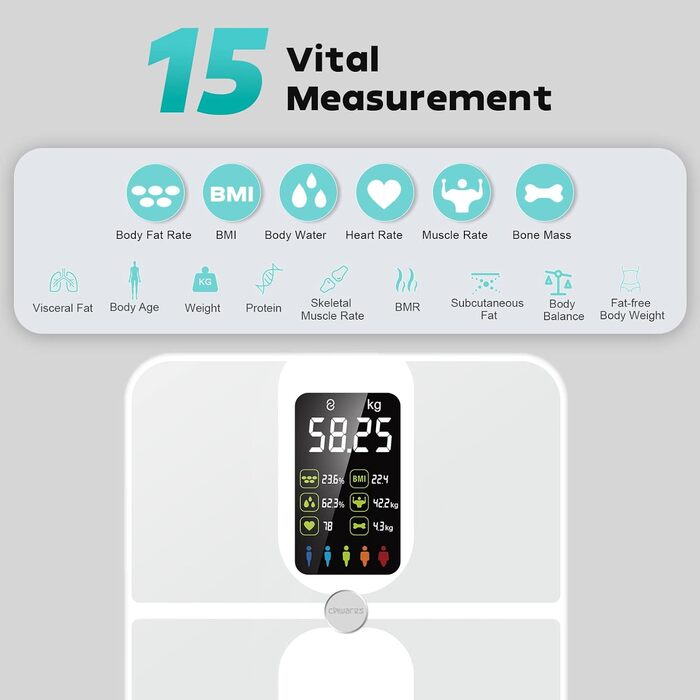 Шкала жиру в організмі CHWARES, ваги для ванної кімнати з аналізом тіла, великий дисплей, 15 вимірювань тіла, білий