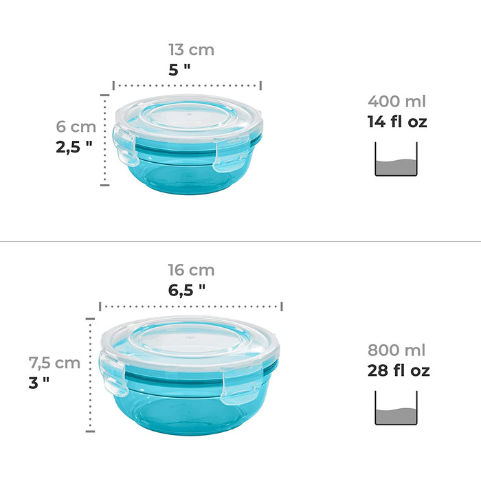 Набір банок для зберігання Грізлі з 4 предметів (0,4 л, 0,8 л, 1,4 л, 2,3 л), круглі, пластикові, 100 повітро-/водонепроникні, попередньо безпечні для використання в мікрохвильовій печі
