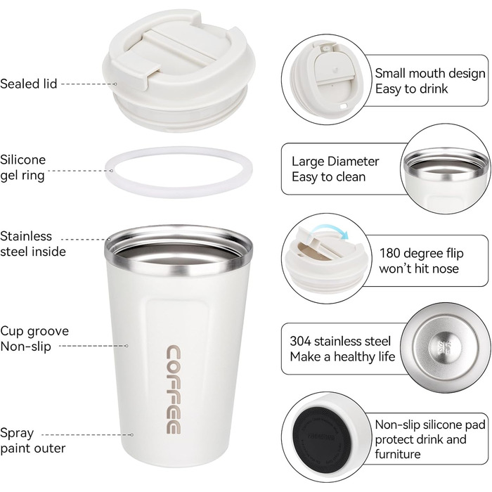 ERBO Термокружка для кави з нержавіючої сталі, 380 мл, 2 шт. (білий + рожевий), з кришкою, для кави на винос, екологічна