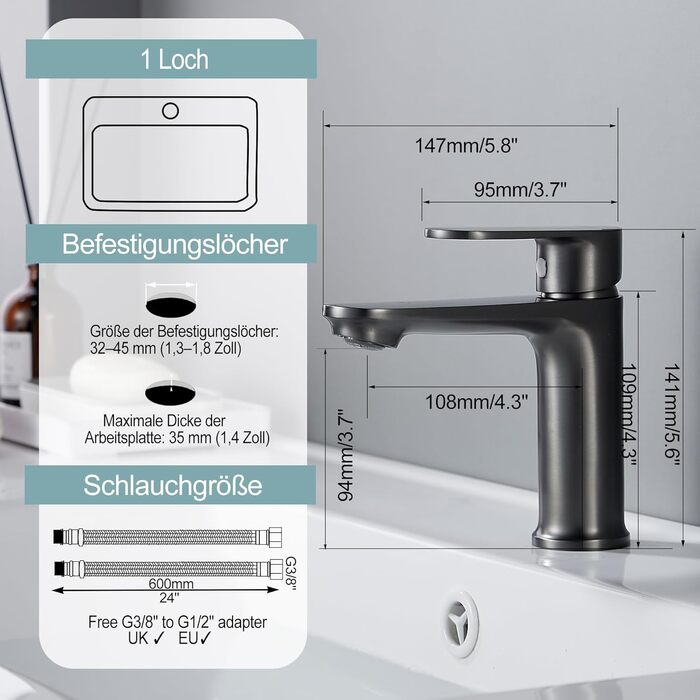 Набір змішувачів для ванної кімнати Belz, латунь, однозахватний, для мийки, сірий, темно-сірий