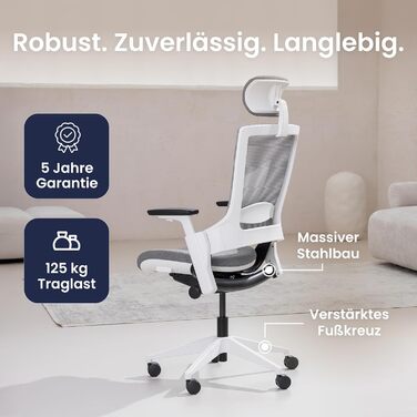 Ergotopia NextBack: ергономічне крісло для офісу з підтримкою спини | Крісло для роботи з підголівником та підлокітниками | 5 років гарантії (сірий/білий)