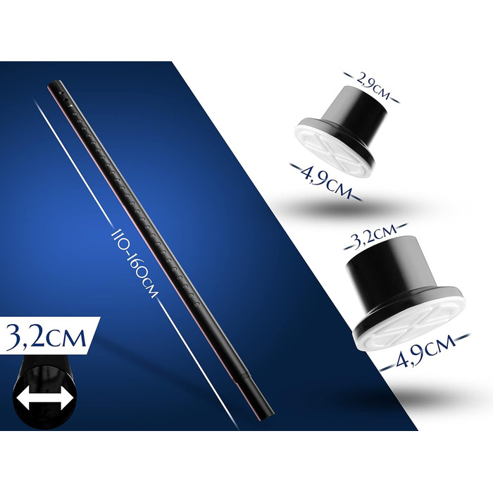 Штанга для душу без свердління 160-210 см, Ø 32 мм, з кріпленнями - штанга для душу з кріпленнями для вікон, перегородок та кухні (110-160 см, матовий чорний)