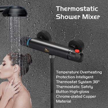 Змішувач для ванни з термостатом Uten, чорний, латунь, 2 виходи, захист 38°C