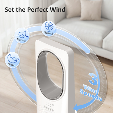 Безлопатевий вентилятор для спальні, 36 дБ, з коливанням на 45°, 3 швидкості, 3 режими, таймер на 15 годин, білий