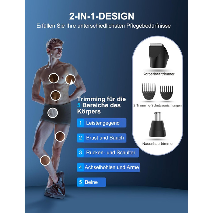 Інтимна бритва для чоловіка 2-в-1 безболісна, акумуляторна бритва для тіла з тример для волосся в носі, водонепроникна