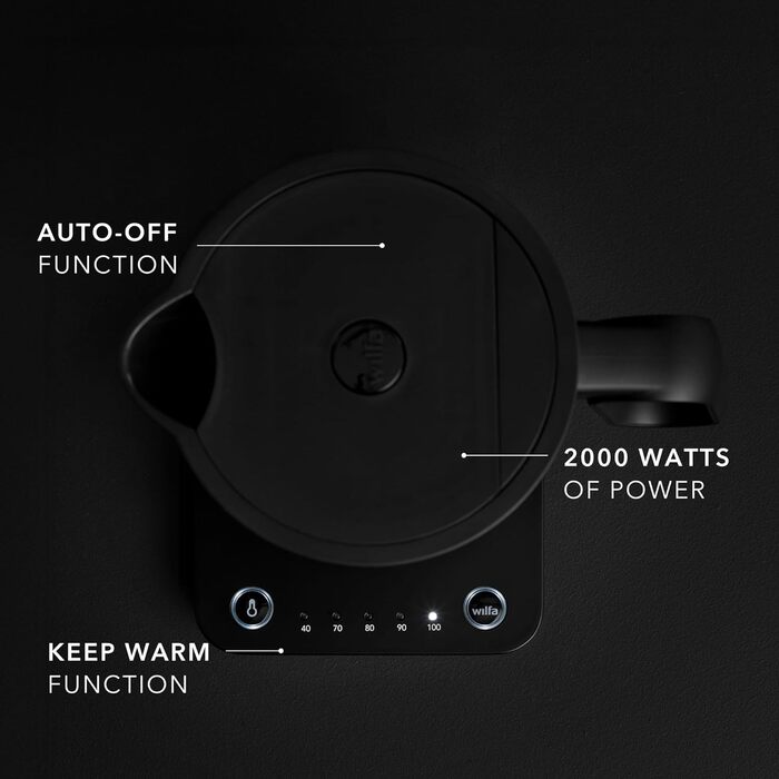 Чайник формату Wilfa Svart / 1,25 літра / 2 200 Вт / ручне регулювання температури від 40 до 100 градусів / з функцією збереження тепла / ізольований чайник з подвійними стінками (чорний)