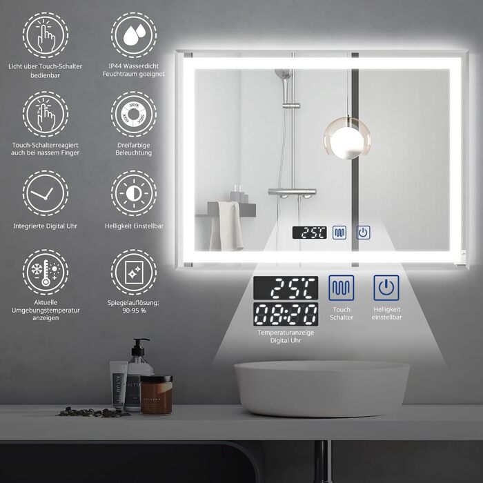 Дзеркало для ванної кімнати YOURLITE з LED-підсвічуванням 100x60 см, сенсорне управління, годинник, антизапар, 3 кольори світла, регулювання яскравості, функція пам'яті, білий (срібло)