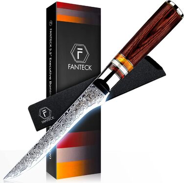Японський кухонний ніж FANTECK Gyuto з дамаської сталі 67 шарів (20 см) з ручкою Pakkaholz. Професійний ніж для кухні, 5.5 дюймів. У подарунковій коробці.