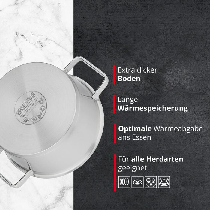 Каструля Meisterkoch з нержавіючої сталі 16 см Ø | з виливом, внутрішньою шкалою та ізольованою ручкою | 1 скляна кришка з дрібним та великим ситом | Кухонне приладдя, нержавіюча сталь, індукційне дно (20 см)