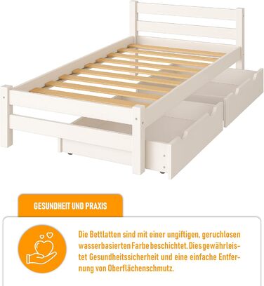 Ліжко дитяче Вробель Kinderbett 90x200 см з 2 шухлядами та ламелями - односпальне ліжко з масиву сосни - ліжко Монтессорі для дітей та підлітків, біле - без матрацу 90 x 200 см