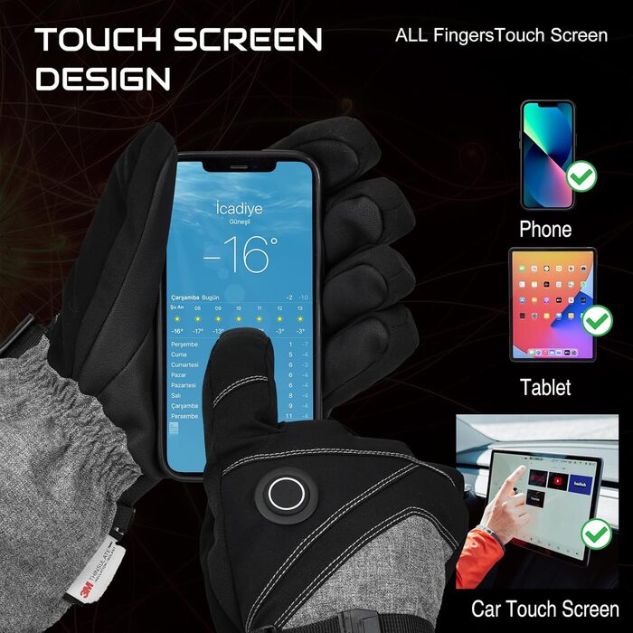 Обогревні рукавички COREEDGE 7.4V 3000Ah для чоловіків, нагрівальні рукавички для катання на сноуборді, лижах, велосипеді, риболовлі (L, чорний)