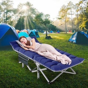 Розкладне кемпінгове ліжко з матрацом та кишенями, сталевий каркас, навантаження до 200 кг, 190x71x36 см, синій