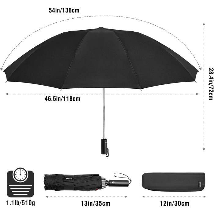 Дюймова парасолька, UPF 50 Захист від ультрафіолету, Відкривати-закривати, Авто, Стійкий до шторму, Компактний, 10 ребер, Чорний, 4Free 54-