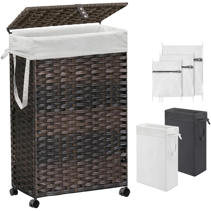 Кошик для білизни 70L з кришкою та колесами, коричневий. Знімні мішки для білизни та сортування