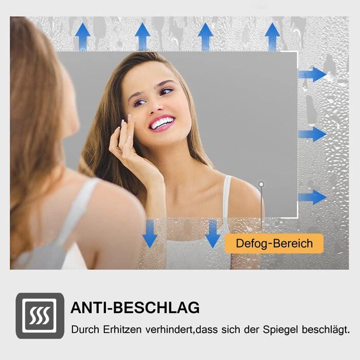 Дзеркало для ванної кімнати MIQU LED 60x50 см з підсвічуванням, тепле/холодне світло, диммування, антизапар, прямокутне (100x60 см)