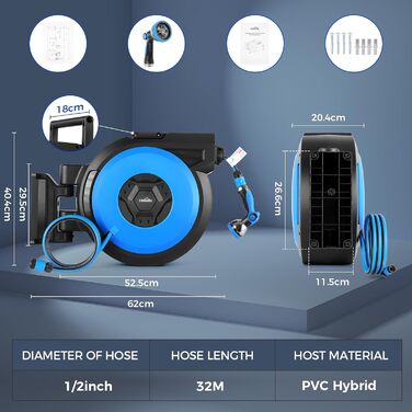 Himimi автоматичний водяний шланг 30м + 2м настінна коробка, поворот на 180°, ролики для саду, автоматичний з 10-в-1 розпилювачем, кріплення на стіну для поливу