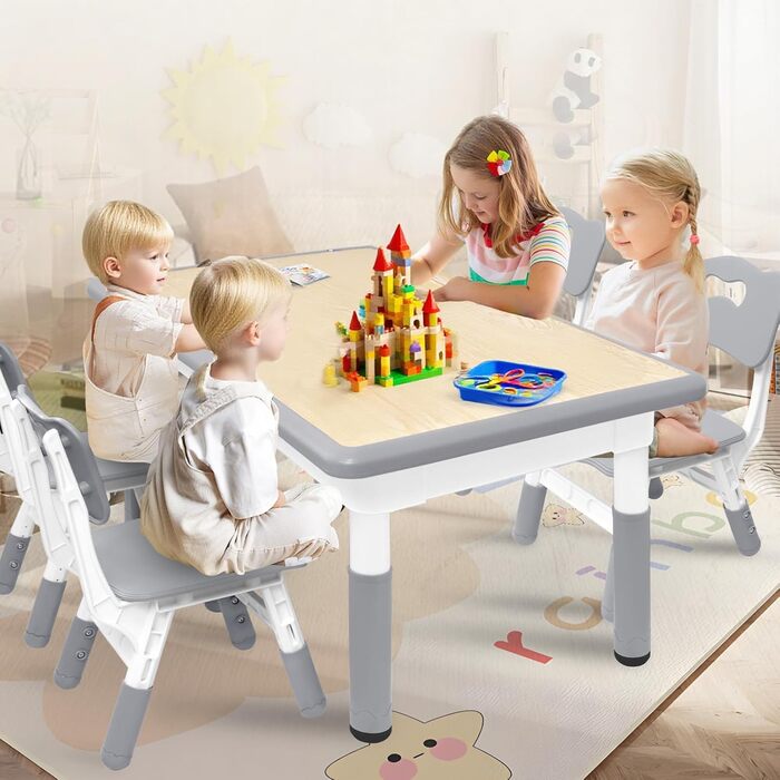 Дитячий стіл зі стільцями, дитяча група меблів, регульована висота, HDPE & ABS, багатофункціональний ігровий стіл для дітей 2-10 років, ергономічний набір столу та стільця для дитячої кімнати (120*60 см, сірий)