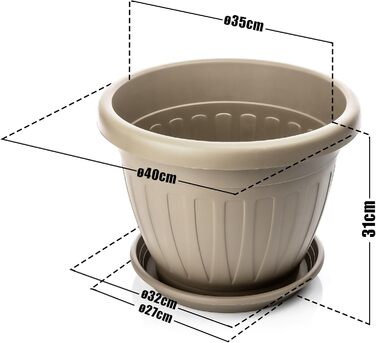 Квітчар BigDean 3X: 3 горщики з підставкою, мокко, ø40xH31 см - вологостійкий пластиковий горщик для дому та саду, Made in Europe