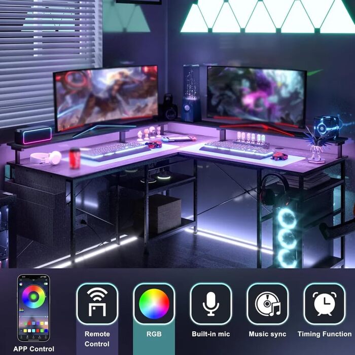 Кутовий ігровий стіл L-подібний з LED-підсвічуванням та розетками, 140x140 см, сірий, з полицями та кишеньками для дому та офісу