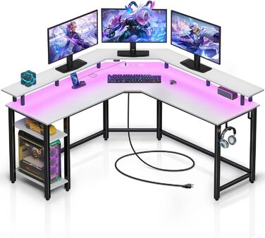 Кутовий стіл Rolanstar з LED-підсвічуванням та розетками, 135 см, для комп'ютера з підставкою для монітора та полицею. Реверсивний кутовий стіл з 2 гачками, ідеальний для робочого кабінету, спальні, офісу (134,5 x 134,5 x 86,2 см, білий)