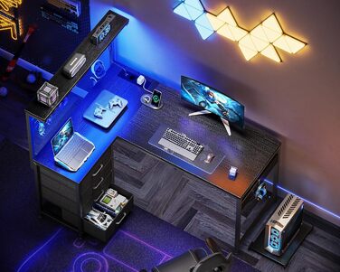 Ігровий стіл Coleshome з LED підсвічуванням, 110x80 см. Стіл з шухлядами та розетками, кутовий стіл з полицею та місцем для зберігання. Чорний колір.