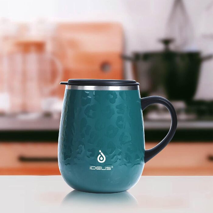 Кружка для кави та чаю Ideus 470 мл з подвійними стінками, нержавіюча сталь, з нековзним ручним тримачем та кришкою-висувним модулем (Трав'яний зелений)