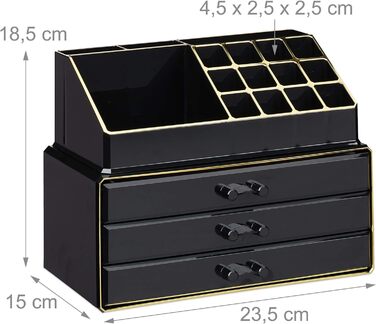 Органайзер для макіяжу Relaxdays, 2 шт. и, зі скринькою для прикрас, 3 шухляди, пластик, HBT 18,5x23,5x15 см, чорно-золотий