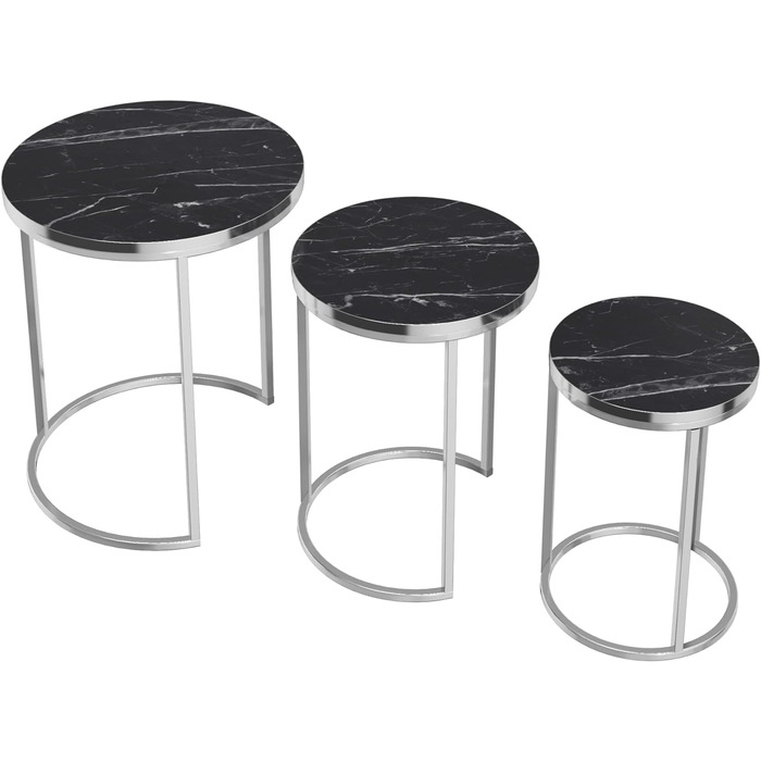 Стіл гніздовий Bornholm Журнальний столик в комплекті з 3 шт. Журнальний столик з шпильками для вітальні 3 шт. з металу і ДСП круглого кольору (мармур, чорний)