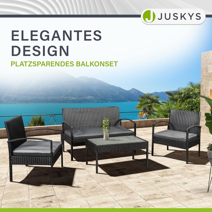 Набір садово-балкових меблів Juskys Trinidad: садова група з столом, софою та 2 стільцями (на 4 особи), сірі подушки