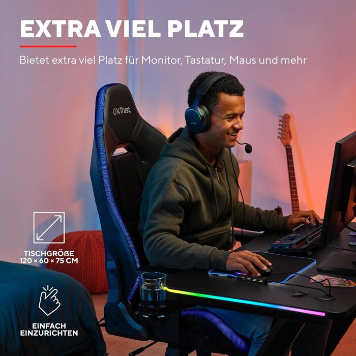 Ігровий стіл Trust Gaming GXT 709W Luminus RGB з підсвічуванням LED, 10 режимів, USB, білий, з підставкою для навушників та тримачем для напоїв, 120 x 60 см