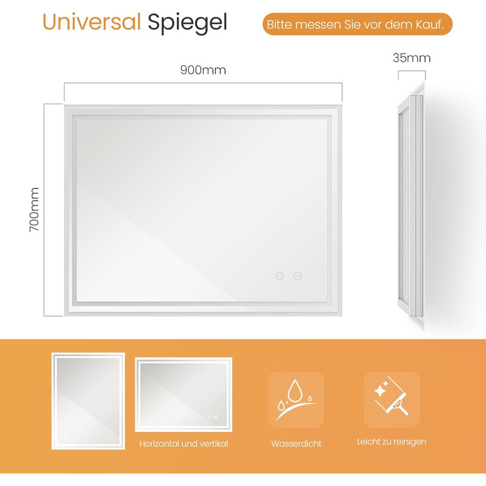 Дзеркало для ванної кімнати EMKE з підсвіткою 50x60 см, антизапарник, холодний білий, диммування, сенсорне управління, функція пам'яті, автоматичне вимкнення через 3 години, IP44, енергозберігаюче (90x70 см)