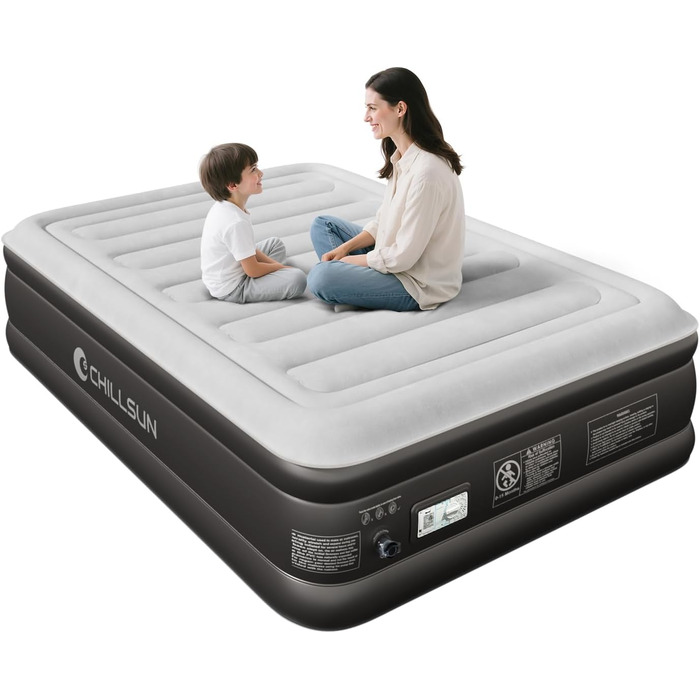Надувне ліжко CHILLSUN® з електричним насосом, 203x152x46 см, водонепроникна поверхня, для кемпінгу та гостей (подвійне)