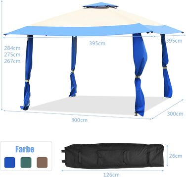 Альтанка COSTWAY 4м x 4 м з подвійним дахом, оксфордською тканиною та металевим шатром, в т.ч. з сумкою для перенесення, садова альтанка для весілля в саду (блакитна)