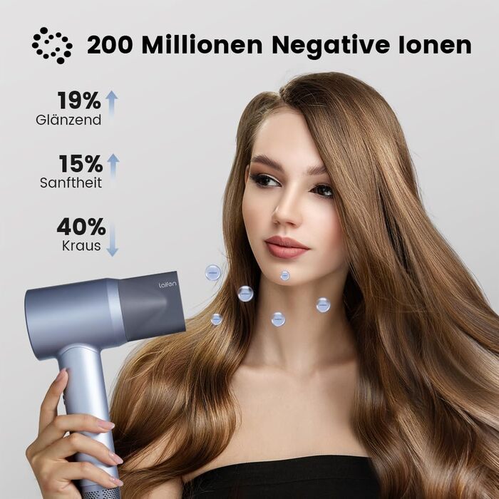 Фен Laifen з іонізацією 200 млн негативних іонів, Swift Special для подорожей, 110 000 обертів/хв, безщітковий мотор, швидке сушіння, тихий фен з насадкою-дифузором (сріблястий)