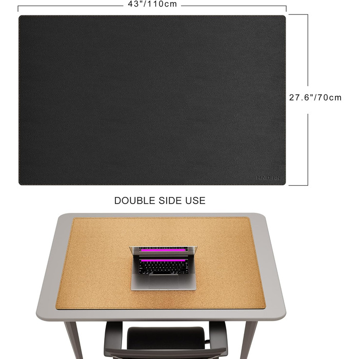 Килимок на стіл MAIDERN XXL 110x70 см — двосторонній килимок для миші зі шкіри та корка, водонепроникна протиковзаюча підкладка для офісу, дому та геймінгу, чорний