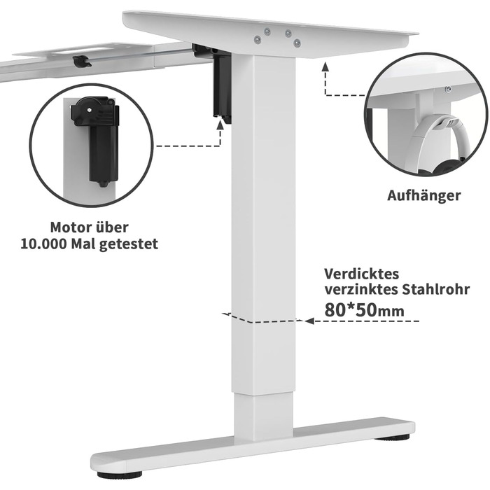 Регульований стіл 140x80 см з USB-C зарядкою, органайзером для кабелів та функцією пам'яті, білий
