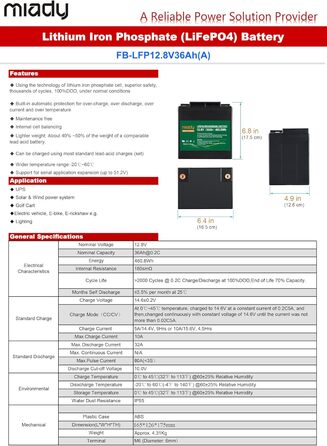 Акумулятор Miady 12V LiFePO4 із захистом BMS, 3000 циклів, для сонячної системи, ехолота, автофургону, човна (36 Ач)