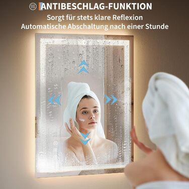 Дзеркало для ванної кімнати Porto Alegre з підсвічуванням, 60x80 см, протизапітніння, 3 кольори світла, регулювання яскравості, LED, сенсорне керування, прямокутне