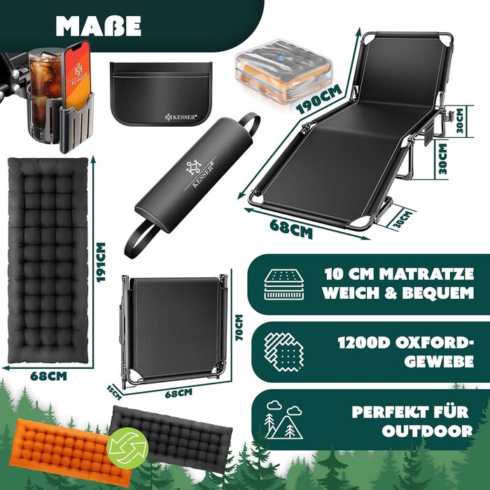 Розкладне кемпінгове ліжко KESSER з преміум-матрацом та подушкою, 190x68x30 см, до 250 кг, з кишенею та підстаканником, чорно-помаранчеве
