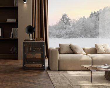 FITUEYES HiFi стійка з скляними дверцятами, стіл для програвача з захисним оснащенням, регульовані полиці для програвача та стереосистем, 66x65x81 см