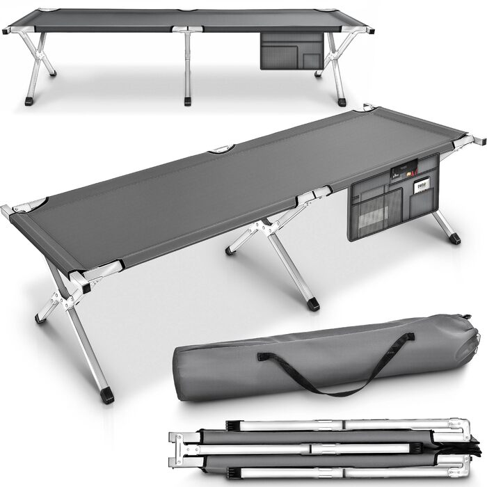 Розкладне кемпінгове ліжко TRESKO XXL, металеве польове ліжко 190 x 64 x 44 см, сіре, витримує до 150 кг