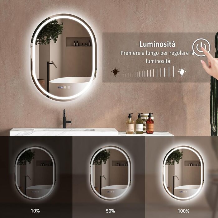 Дзеркало для ванної кімнати YU YUSING з підсвічуванням 80x60 см LED, 3 кольори світла, регулювання яскравості, антизапітніння, сенсорний вимикач, таймер, загартоване скло, IP44, овальне