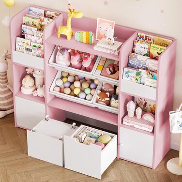 FOREHILL Дитяча полиця для іграшок та книг, стелаж для дитячої кімнати з 4 ящиками, рожевий (126x30x104 см)