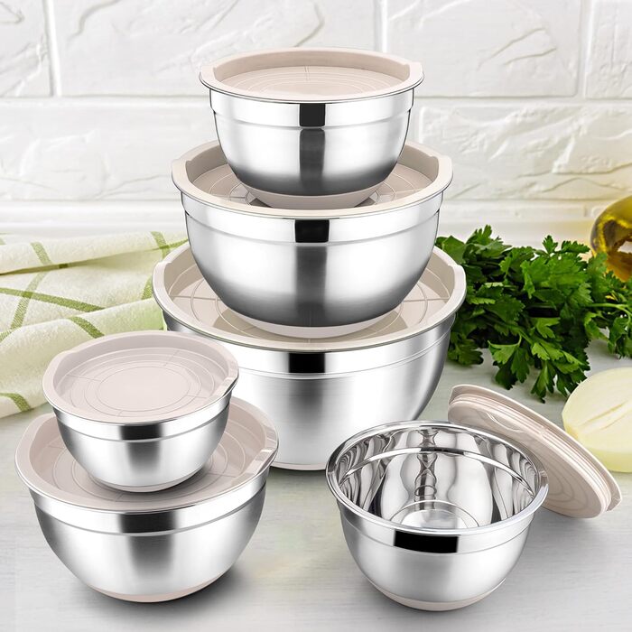 Набір мисок Herogo (6 шт.) з нержавіючої сталі з кришками, 6,7/3,3/2,5/1,5/1,2/0,7 л, для приготування їжі/випічки/зберігання, миюча посудомийна машина, кольору хакі