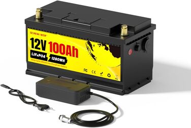 Акумулятор SCREMOWER 12V 100Ah LiFePO4 зі 100 А BMS, портами USB для сонячної батареї, човнів, автофургонів, кемпінгу