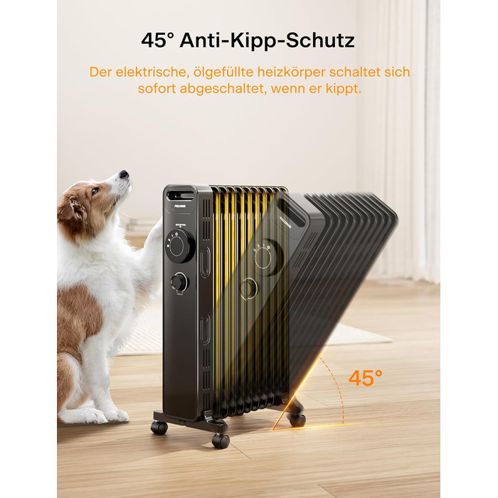 Масляний радіатор PELONIS 2300W з J-подібними ребрами, 3 режими нагріву, термостат, тихий, з захистом від перекидання, енергоефективність A, для спальні, вітальні, офісу, 11 ребер, чорний (без пульта)