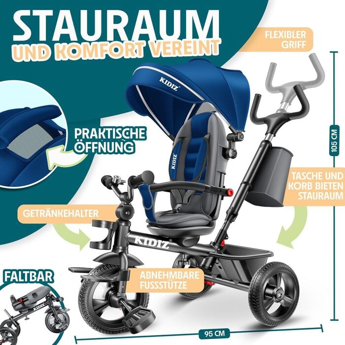 Триколісний велосипед KIDIZ 6-в-1 для дітей від 9 місяців до 25 кг: з ручкою, кошиком, сонцезахисним козирком, прогулянковий, синій