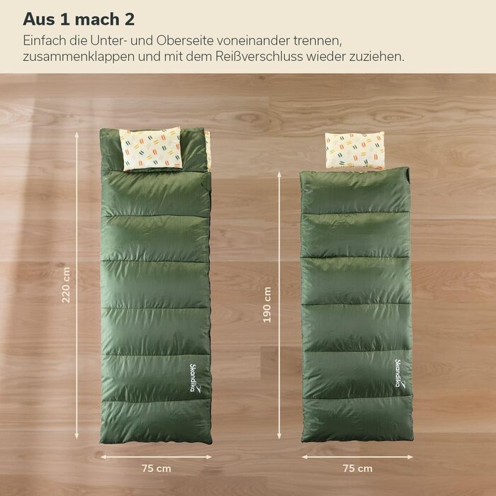 Двомісний спальний мішок Skandika Iceland 220x150 см, 3 сезони, бавовна/фланель, з подушками, трансформується в два одномісних, сімейний туристичний спальник
