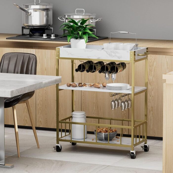 Сервізний візок Huhote з полицею для вина, барний візок, візок для напоїв, візок на колесах, візок для вина в їдальню, кухню, вітальню, бар, вечірку, з імітацією текстури дерева (золотий, корзина без заліза)