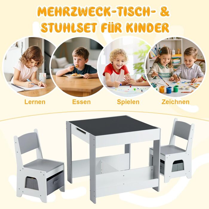 Дитячий стіл COSTWAY з 2 стільцями: дерев'яний набір 4-в-1 з полицями та ящиками для зберігання (від 3 років)